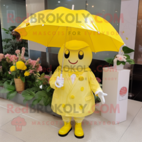 Lemon Yellow Wedding Cake mascot costume character dressed with a Raincoat and Hairpins