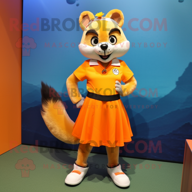 Orange Marten mascot costume character dressed with a Mini Skirt and Anklets Orange Marten mascot costume character dressed with a Mini Skirt and Anklets