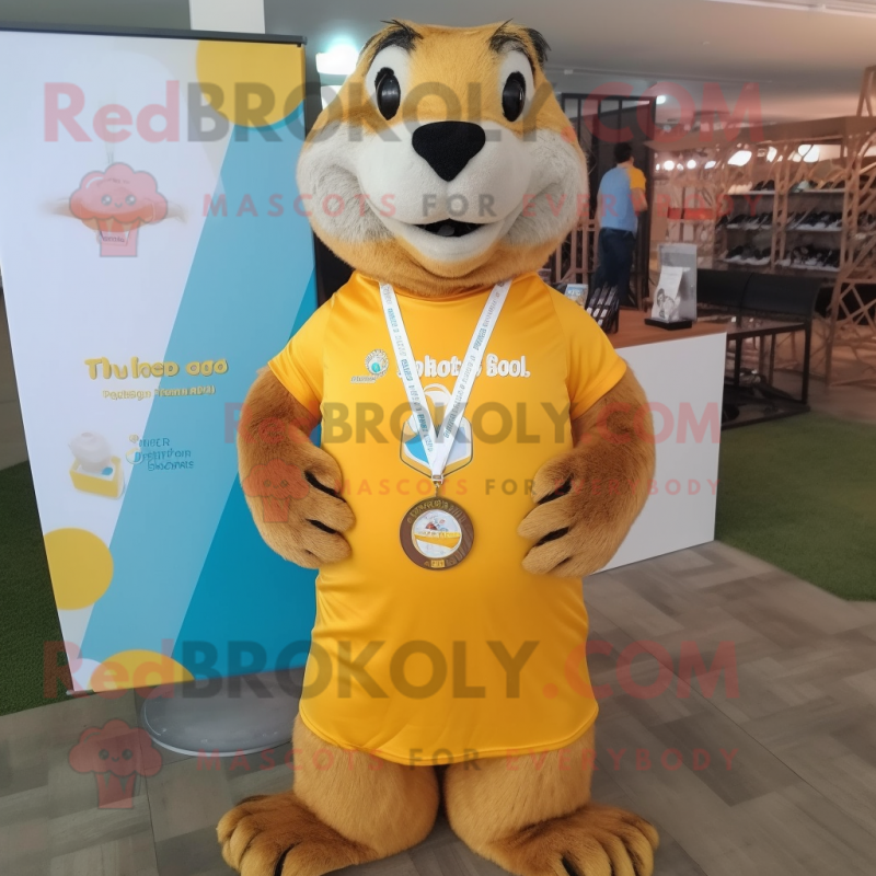 Yellow Marmot mascot costume character dressed with a Shorts and Necklaces Yellow Marmot mascot costume character dressed with a Shorts and Necklaces