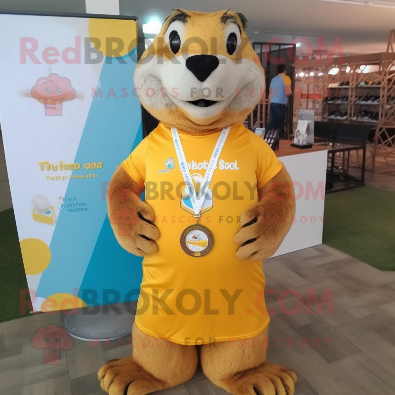 Yellow Marmot mascot costume character dressed with a Shorts and Necklaces