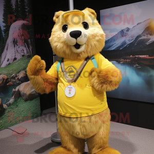 Yellow Marmot mascot costume character dressed with a Shorts and Necklaces