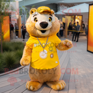 Yellow Marmot mascot costume character dressed with a Shorts and Necklaces