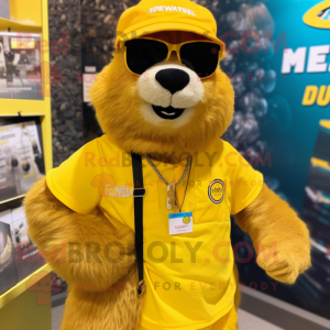 Yellow Marmot mascot costume character dressed with a Shorts and Necklaces