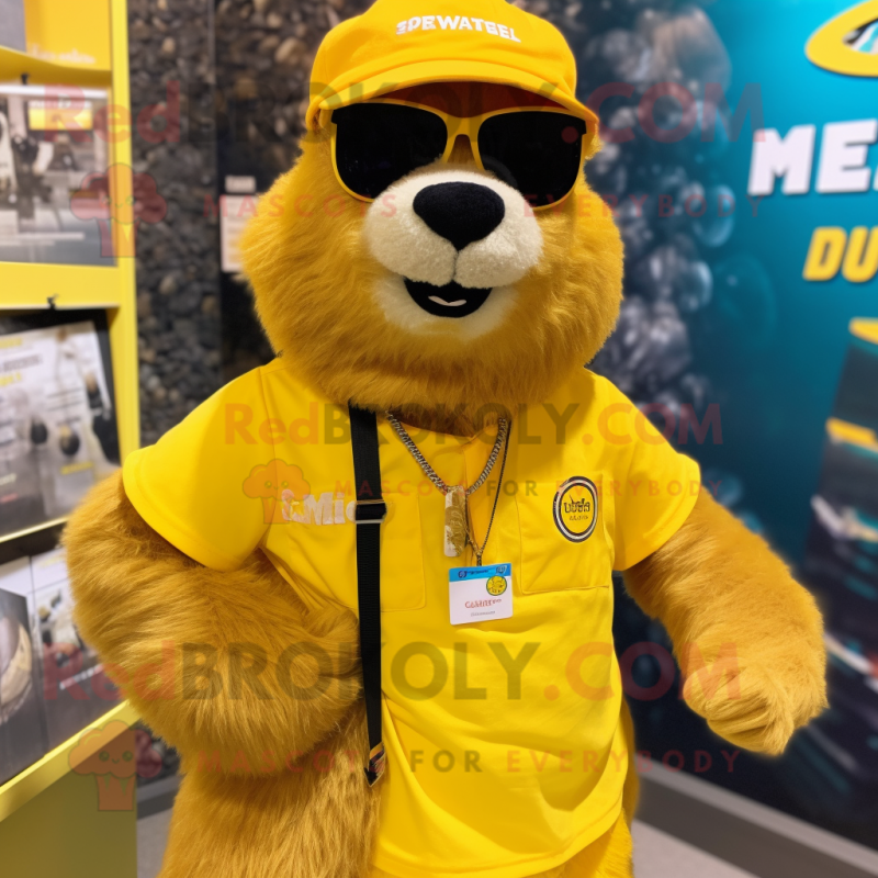 Yellow Marmot mascot costume character dressed with a Shorts and Necklaces Yellow Marmot mascot costume character dressed with a Shorts and Necklaces