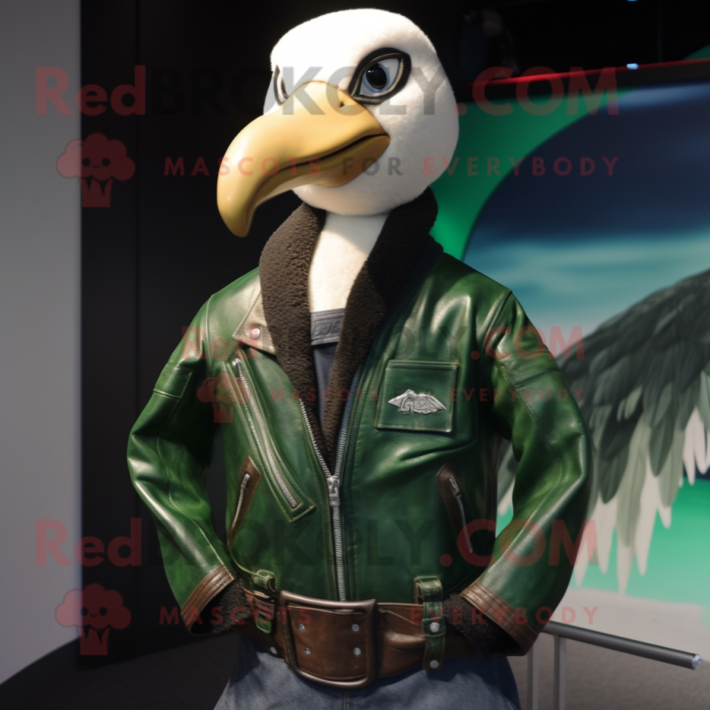 Forest Green Albatross mascot costume character dressed with a Moto Jacket and Belts