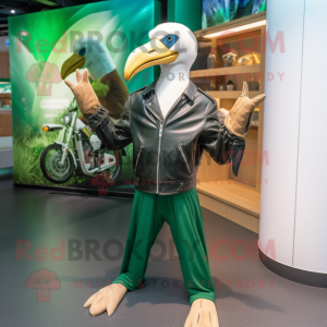 Forest Green Albatross mascot costume character dressed with a Moto Jacket and Belts