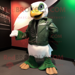 Forest Green Albatross mascot costume character dressed with a Moto Jacket and Belts