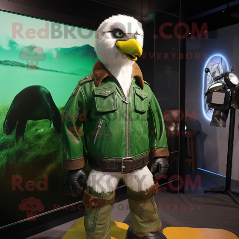 Forest Green Albatross mascot costume character dressed with a Moto Jacket and Belts