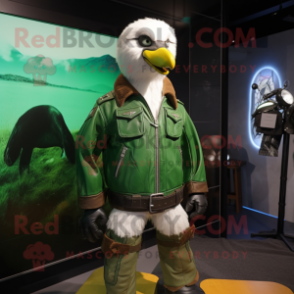 Forest Green Albatross mascot costume character dressed with a Moto Jacket and Belts