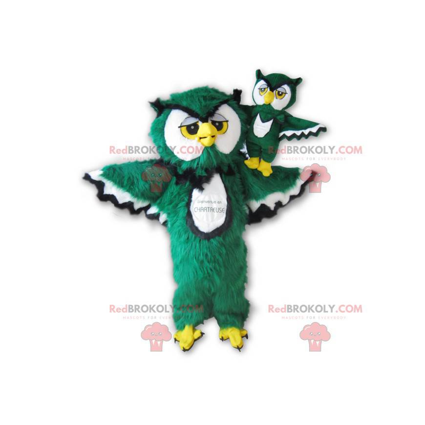 Mascotte de hibou vert blanc noir et jaune tout poilu -