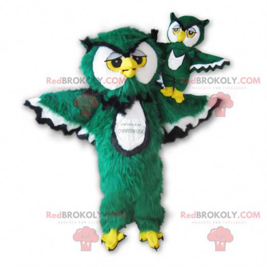 Mascotte de hibou vert blanc noir et jaune tout poilu -