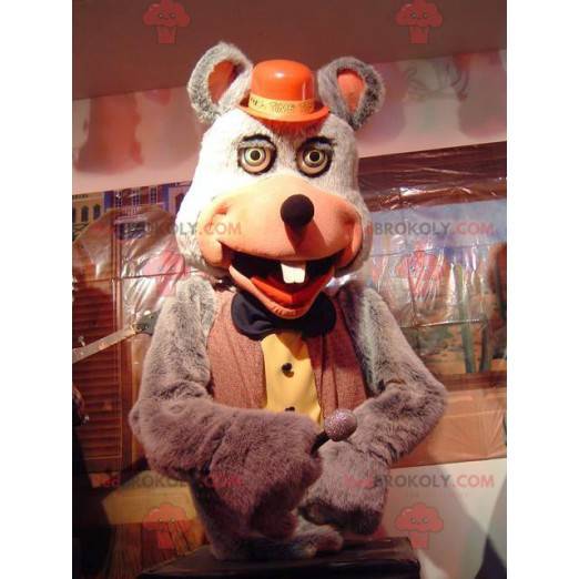 Gray mouse mascot in red and yellow costume - Redbrokoly.com