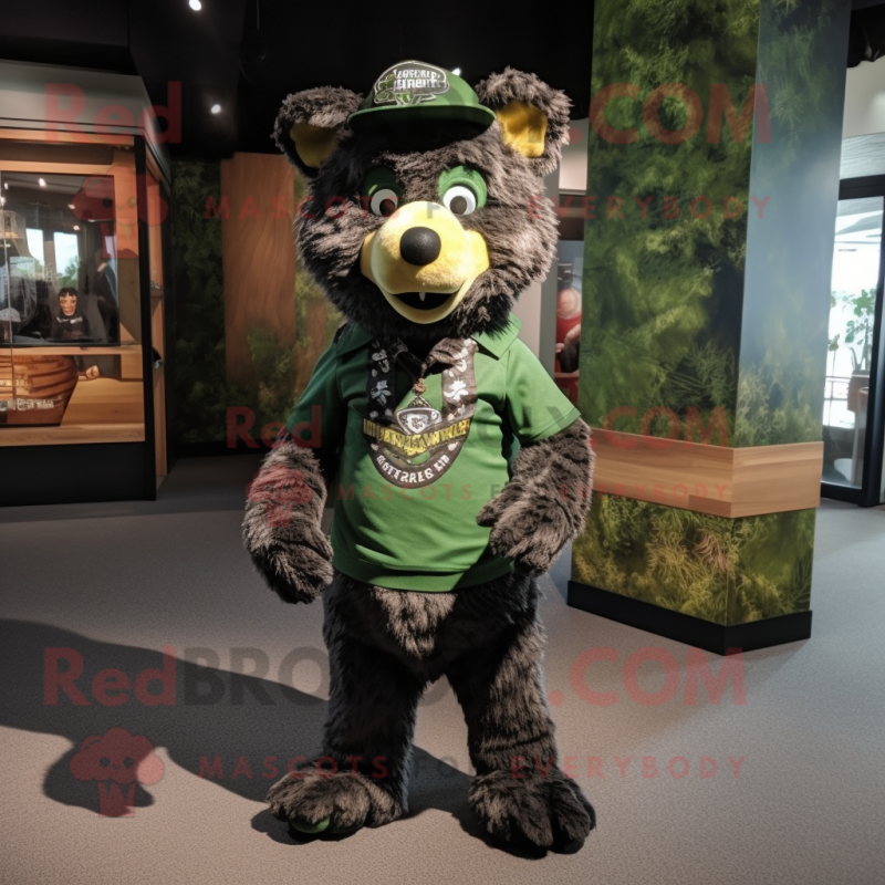 Forest Green Hyena mascot costume character dressed with a Graphic Tee and Berets Forest Green Hyena mascot costume character dressed with a Graphic Tee and Berets