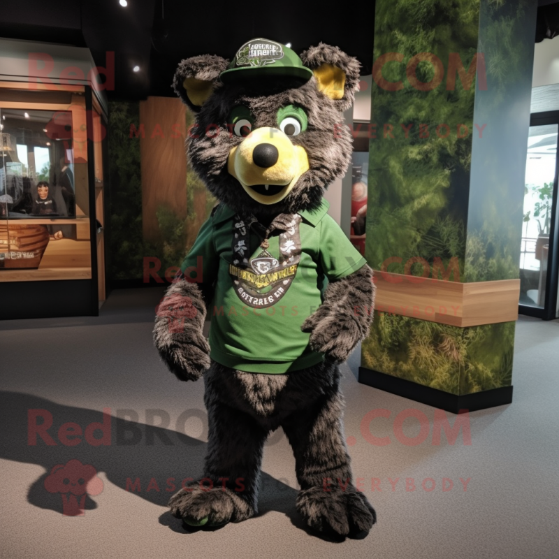 Forest Green Hyena mascot costume character dressed with a Graphic Tee and Berets