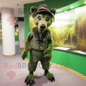 Forest Green Hyena mascot costume character dressed with a Graphic Tee and Berets