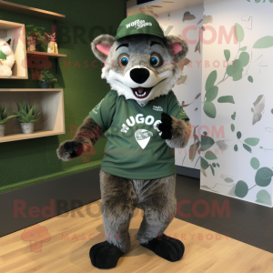 Forest Green Hyena mascot costume character dressed with a Graphic Tee and Berets