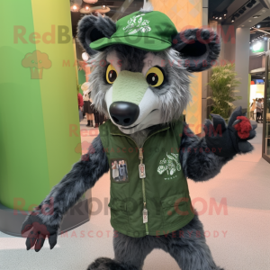 Forest Green Hyena mascot costume character dressed with a Graphic Tee and Berets