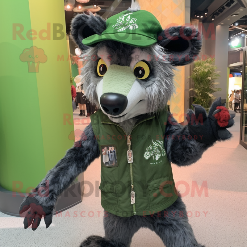 Forest Green Hyena mascot costume character dressed with a Graphic Tee and Berets Forest Green Hyena mascot costume character dressed with a Graphic Tee and Berets