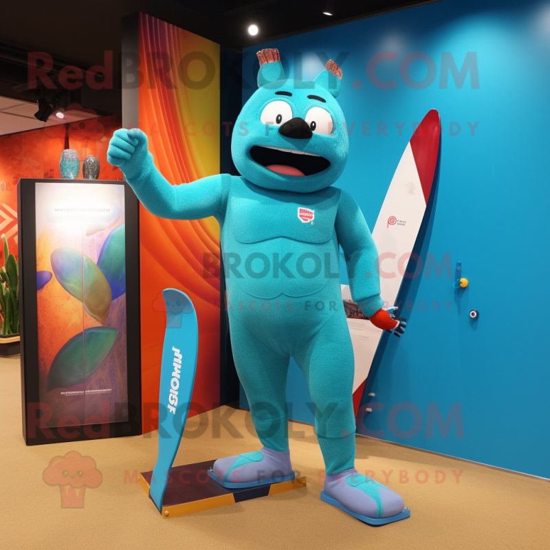 Teal Knife Thrower mascot costume character dressed with a One-Piece Swimsuit and Foot pads Teal Knife Thrower mascot costume character dressed with a One-Piece Swimsuit and Foot pads