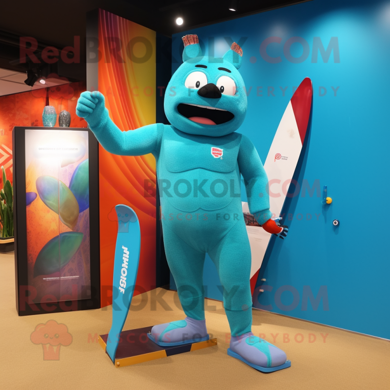 Teal Knife Thrower mascot costume character dressed with a One-Piece Swimsuit and Foot pads