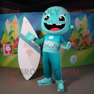 Teal Knife Thrower mascot costume character dressed with a One-Piece Swimsuit and Foot pads