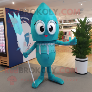 Teal Knife Thrower mascot costume character dressed with a One-Piece Swimsuit and Foot pads