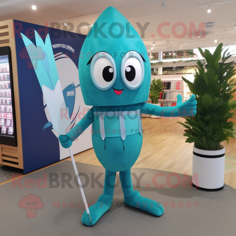 Teal Knife Thrower mascot costume character dressed with a One-Piece Swimsuit and Foot pads Teal Knife Thrower mascot costume character dressed with a One-Piece Swimsuit and Foot pads