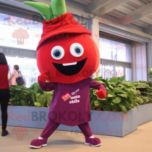 Red Spinach mascot costume character dressed with a Capri Pants and Shoe laces