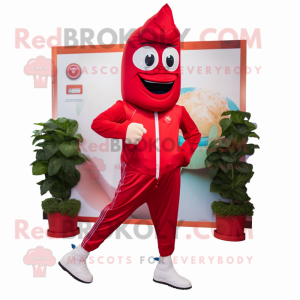 Red Spinach mascot costume character dressed with a Capri Pants and Shoe laces