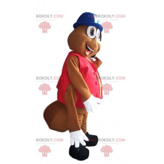 Brown ant mascot with its pretty blue bowler hat -