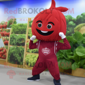 Red Spinach mascot costume character dressed with a Capri Pants and Shoe laces