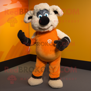 Orange Suffolk Sheep mascot costume character dressed with a Graphic Tee and Mittens