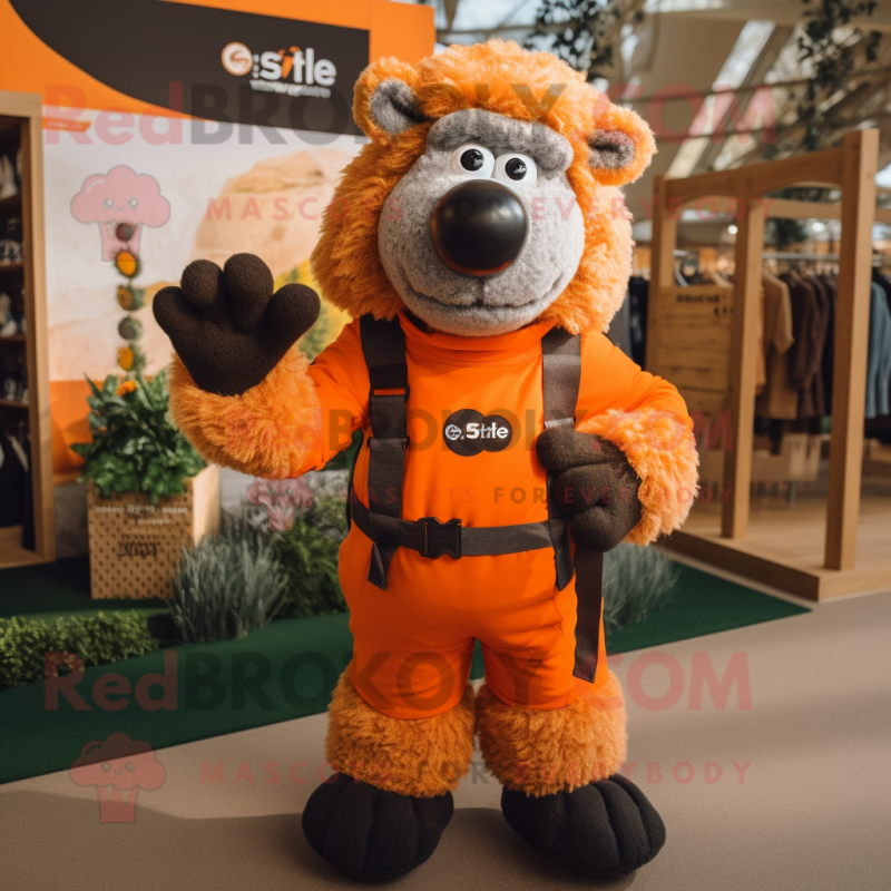 Orange Suffolk Sheep mascot costume character dressed with a Graphic Tee and Mittens