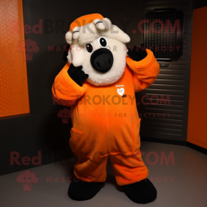 Orange Suffolk Sheep mascot costume character dressed with a Graphic Tee and Mittens