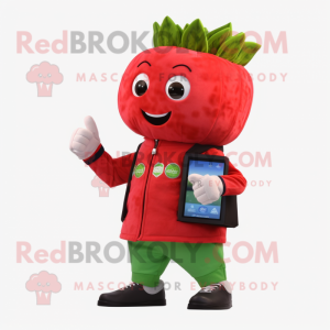 Red Celery mascot costume character dressed with a Bomber Jacket and Digital watches