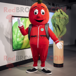 Red Celery mascot costume character dressed with a Bomber Jacket and Digital watches