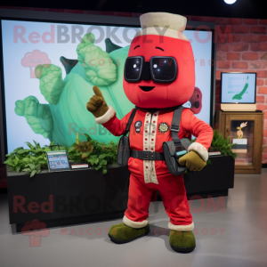 Red Celery mascot costume character dressed with a Bomber Jacket and Digital watches