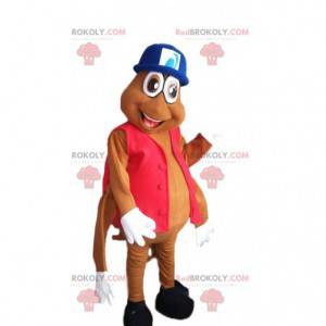 Mascotte de fourmi marron avec son joli chapeau melon bleu -