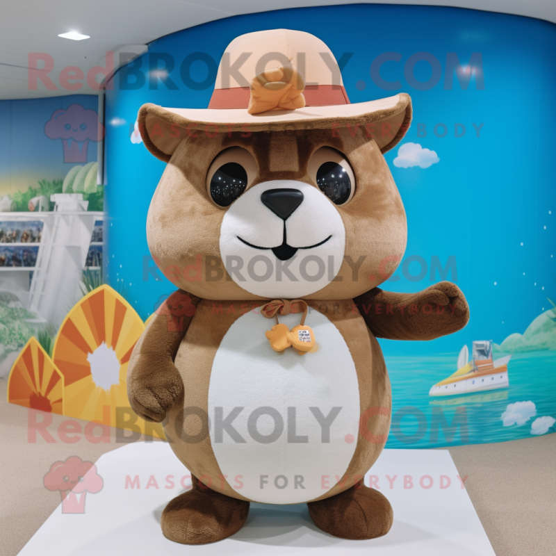 Brown Hamster mascot costume character dressed with a One-Piece Swimsuit and Hat pins