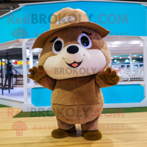 Brown Hamster mascot costume character dressed with a One-Piece Swimsuit and Hat pins
