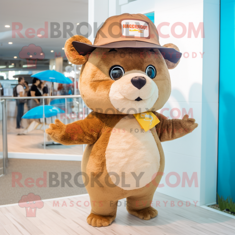 Brown Hamster mascot costume character dressed with a One-Piece Swimsuit and Hat pins Brown Hamster mascot costume character dressed with a One-Piece Swimsuit and Hat pins