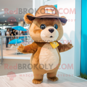 Brown Hamster mascot costume character dressed with a One-Piece Swimsuit and Hat pins