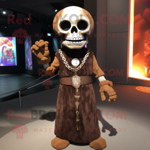 Brown Skull mascot costume character dressed with a Evening Gown and Bracelets