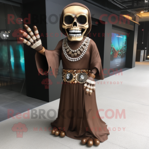 Brown Skull mascot costume character dressed with a Evening Gown and Bracelets