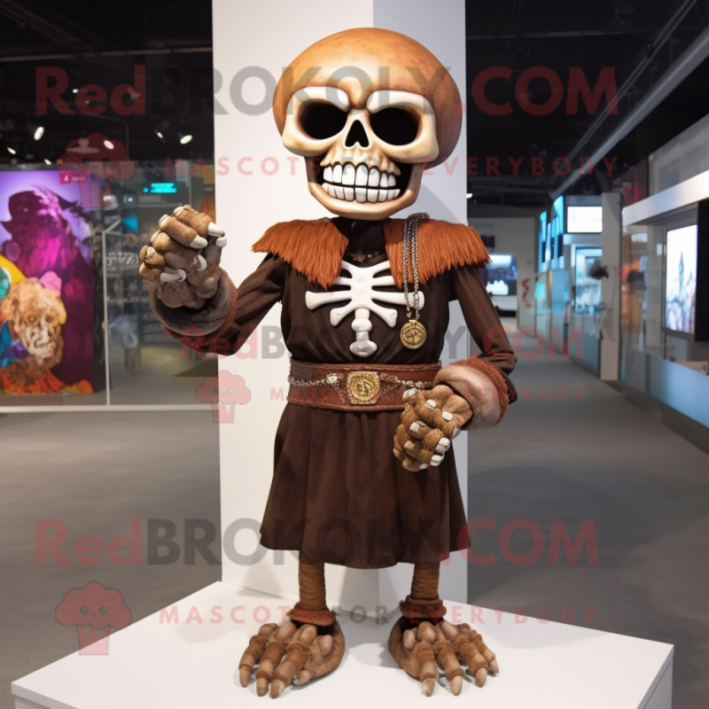 Brown Skull mascot costume character dressed with a Evening Gown and Bracelets