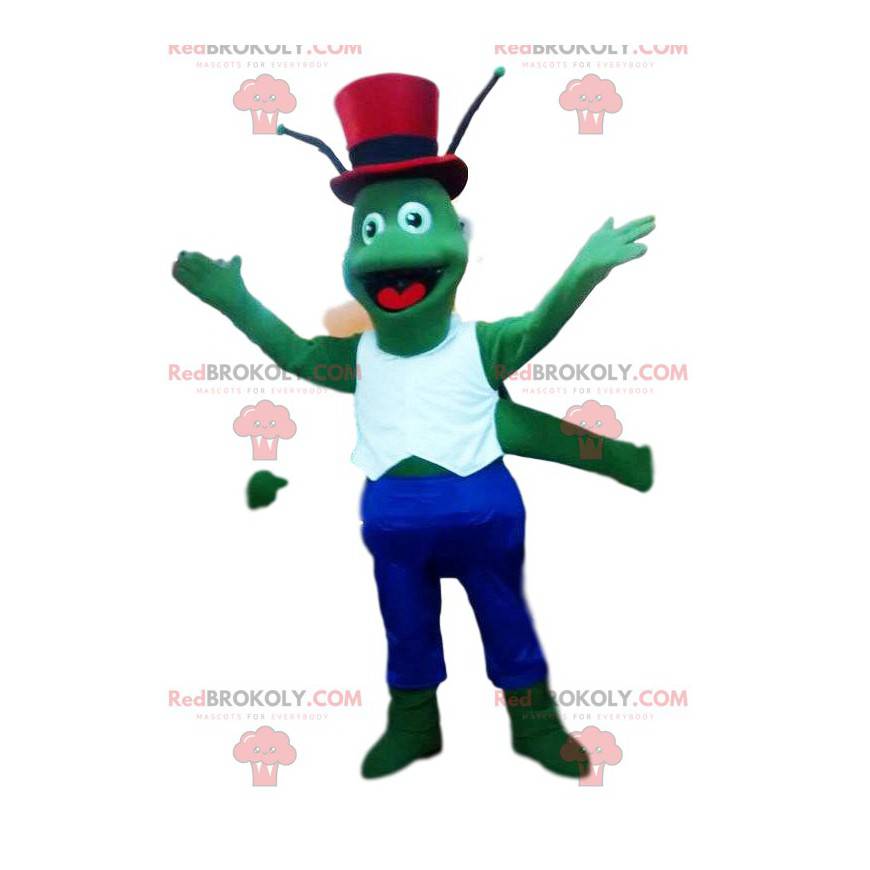 Mascotte groene sprinkhaan met zijn rode hoge hoed -