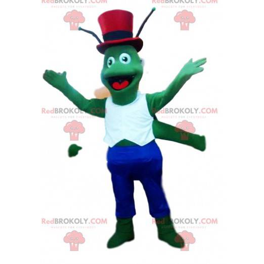 Mascotte de criquet vert avec son chapeau haut de forme rouge -