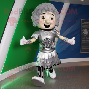 Silver Irish Dancer mascot costume character dressed with a Running Shorts and Shawls