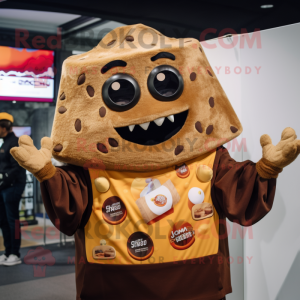 Brown Nachos mascot costume character dressed with a Sweatshirt and Headbands