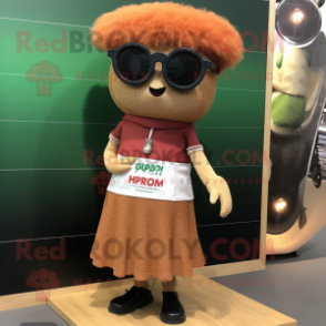 Rust Shepard'S Pie mascot costume character dressed with a Mini Skirt and Sunglasses